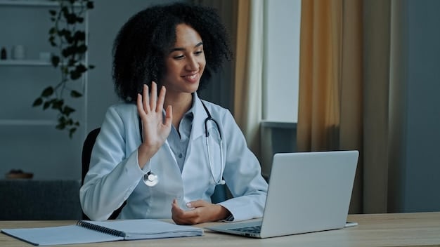 A person on a laptop, engaged in a video call with a healthcare professional, demonstrating telehealth. The setting is bright and professional, emphasizing convenience and modern healthcare access.