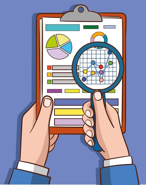 A person holding a magnifying glass over a health insurance policy document, with various charts and graphs in the background, signifying detailed analysis.