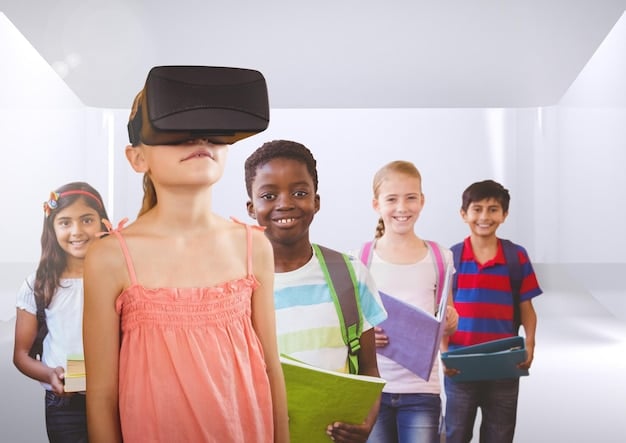 A group of students wearing VR headsets and exploring a virtual historical site. The teacher is guiding them through the experience and providing additional information. Focus on immersive learning environments and the use of VR/AR technology. Highlight how this relates to Understanding the Impact of AI on US Education: 3 Ways Technology is Reshaping the Classroom in 2025.
