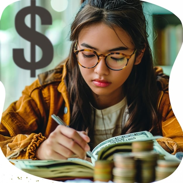 A student studying with books smiling and looking to the camera, illustrating dual enrollment saving money.