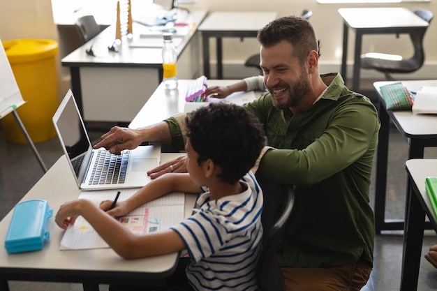 A parent and their child working together on a coding project on a laptop at home. The child is enthusiastically pointing at the screen, while the parent is providing guidance and support. This image emphasizes hands-on learning, parental involvement, and unlocking STEM potential.