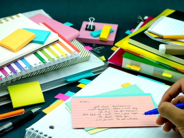 A student brainstorming ideas for their college essay, surrounded by sticky notes, books, and pens. They appear thoughtful and focused as they organize and refine their thoughts for the essay by working hard to understand how to navigate the US College Application Process in 2025: A Step-by-Step Guide for High School Seniors.
