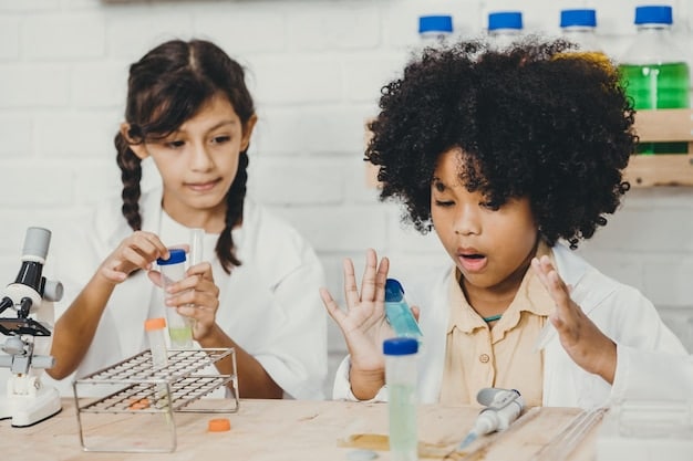 A close-up shot of two middle school students working together on a science project. They are smiling and engaged, demonstrating effective communication and teamwork, core components of how can US educators effectively integrate Social-Emotional Learning (SEL) into the curriculum. The lab setting is equipped with modern equipment and materials.