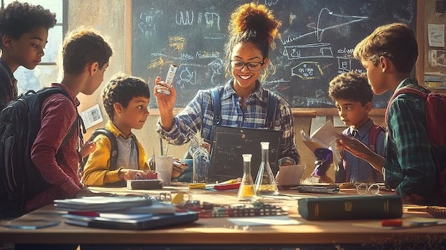 A student working on a complex equation in a brightly lit classroom, surrounded by classmates and a professor. The atmosphere is collaborative and encouraging, emphasizing academic collaboration.