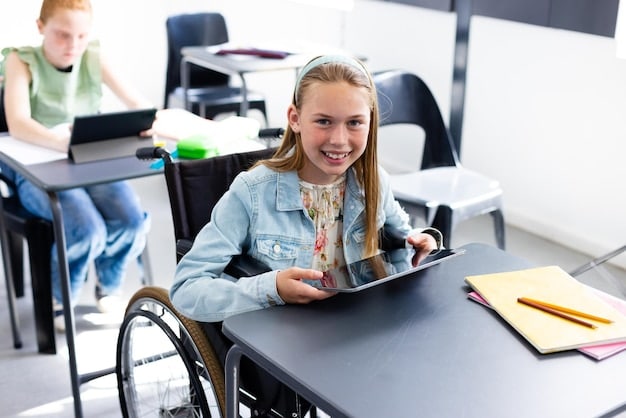 A student with a disability using a tablet device in a special education classroom, surrounded by supportive classmates and a teacher. The student appears engaged and focused on the interactive learning activity on the screen.