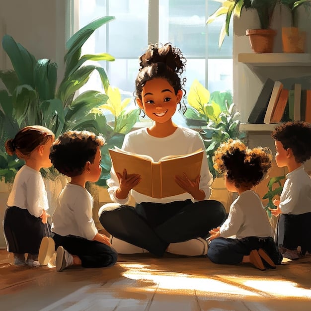 A teacher is sitting on the floor, surrounded by children, reading a book aloud with enthusiasm. The children are engaged and attentive, demonstrating a positive learning environment.