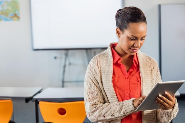 A teacher is sitting at a desk, reviewing assessment data on a tablet, with a student sitting beside her. They are discussing the student's progress and setting personalized learning goals together. The scene illustrates data-driven instruction and personalized feedback in relation to What are the Latest Research Findings on Effective Teaching Methods in US Classrooms?.