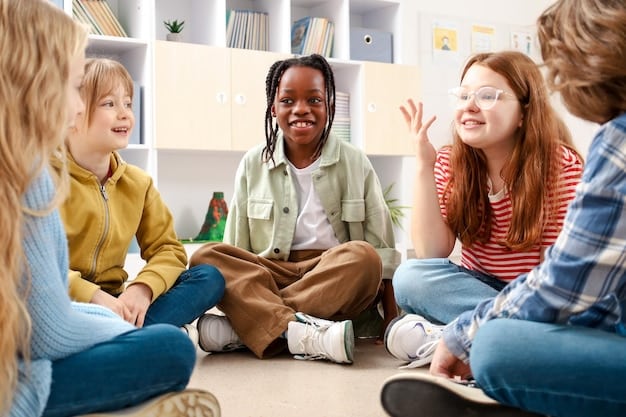 A group of middle school students are participating in a circle time activity, practicing active listening and empathy.