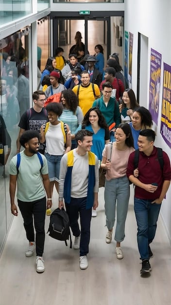 A photo of a bustling public high school hallway, filled with students of diverse backgrounds heading to class. The image captures the energy and diversity, as well as potentially crowded conditions of public schools, illustrating What are the Key Differences Between US Public, Private, and Charter Schools and Which is Right for Your Child?.