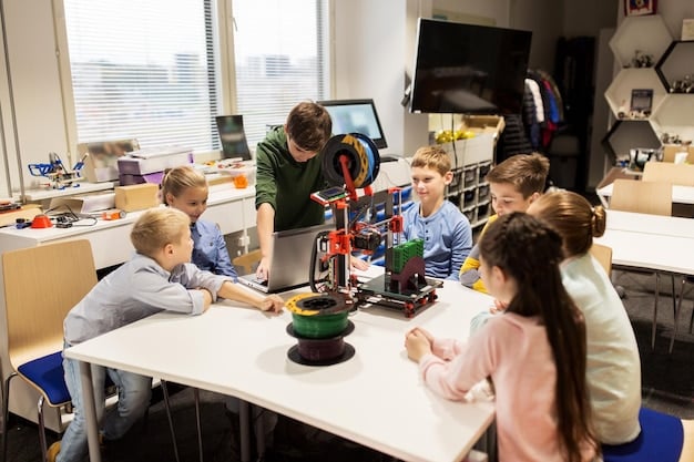 A teacher is leading a classroom of excited middle school students building small robots using coding and various electronic components. The classroom is modern with interactive whiteboards and collaborative work-spaces.