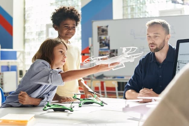 A group of enthusiastic STEM educators participating in a professional development workshop, collaboratively discussing new teaching strategies around a whiteboard filled with diagrams and colorful sticky notes, with laptops open.