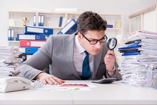 A person meticulously highlighting sections of a printed credit report while sitting at a desk, surrounded by documents and a magnifying glass, symbolizing detailed review.