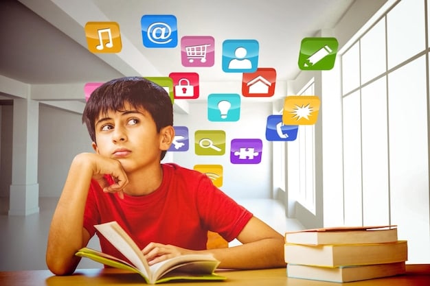 A child using an educational tablet application, with various learning tools and icons surrounding them, representing digital learning resources.